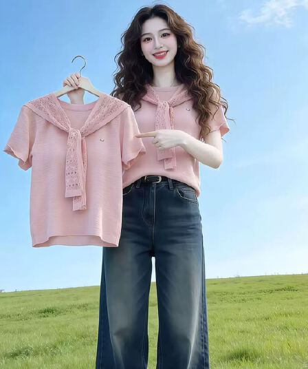 해군 스타일 달콤함 부드러운 핑크색 라운드 넥 숄 루즈핏 반팔 티셔츠 여성 여름 착용 가져 가라. 2026 연령 감소 맨위