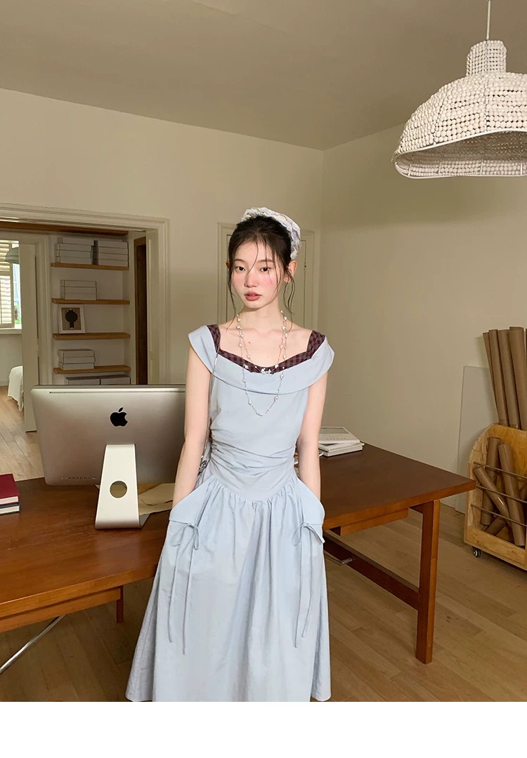 다우 시시 주간 조기 청 하늘 감기 문예 센스 배색 네클라인 롱 스커트 여름 허리 측면 비대칭 드레스