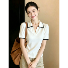 批发白色<b class='q'>翻领</b>短袖针织衫女款2026新款夏季设计感撞色超好看薄款上衣