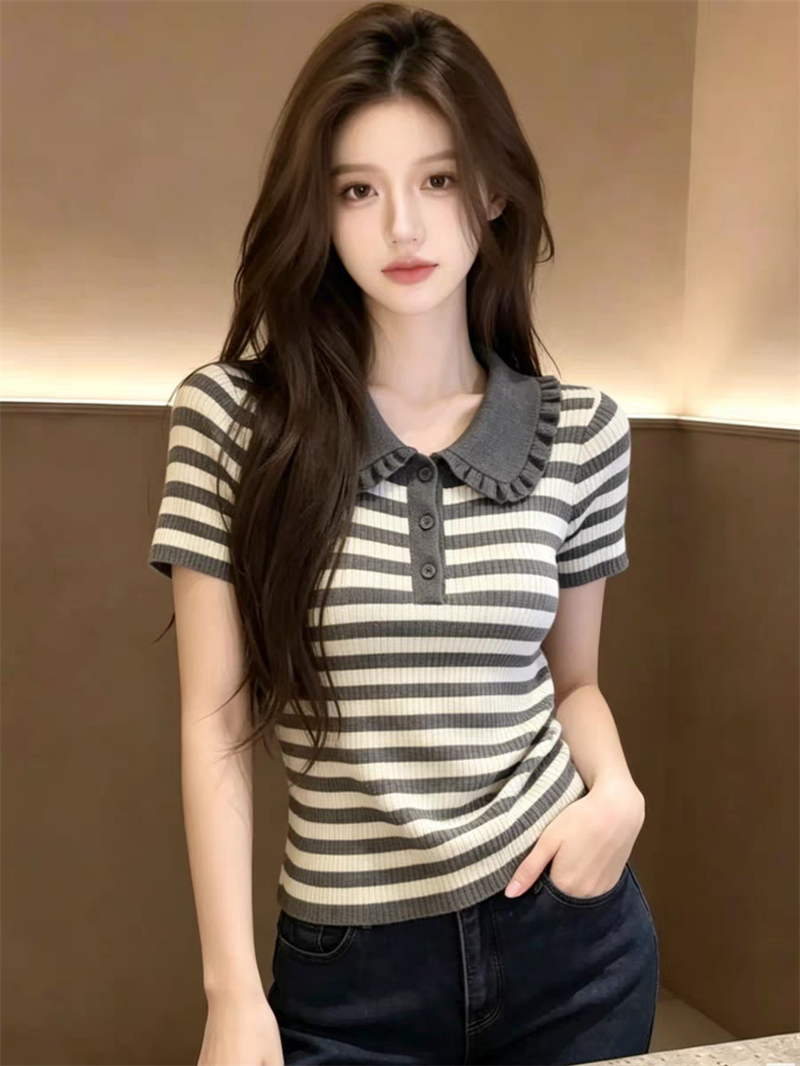 프릴 베이비 칼라 스트라이프 니트 스웨터 여성 여름 새로운 고급 센스 캐주얼 다용도 반팔 티셔츠 맨위