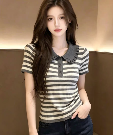 프릴 베이비 칼라 스트라이프 니트 스웨터 여성 여름 새로운 고급 센스 캐주얼 다용도 반팔 티셔츠 맨위