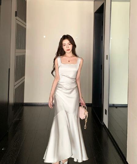 그러나 너 butyou 화이트 새틴 슬립 여성 드레스 여름 인어 꼬리 롱 코트 참여 모임 연회 작은 드레스