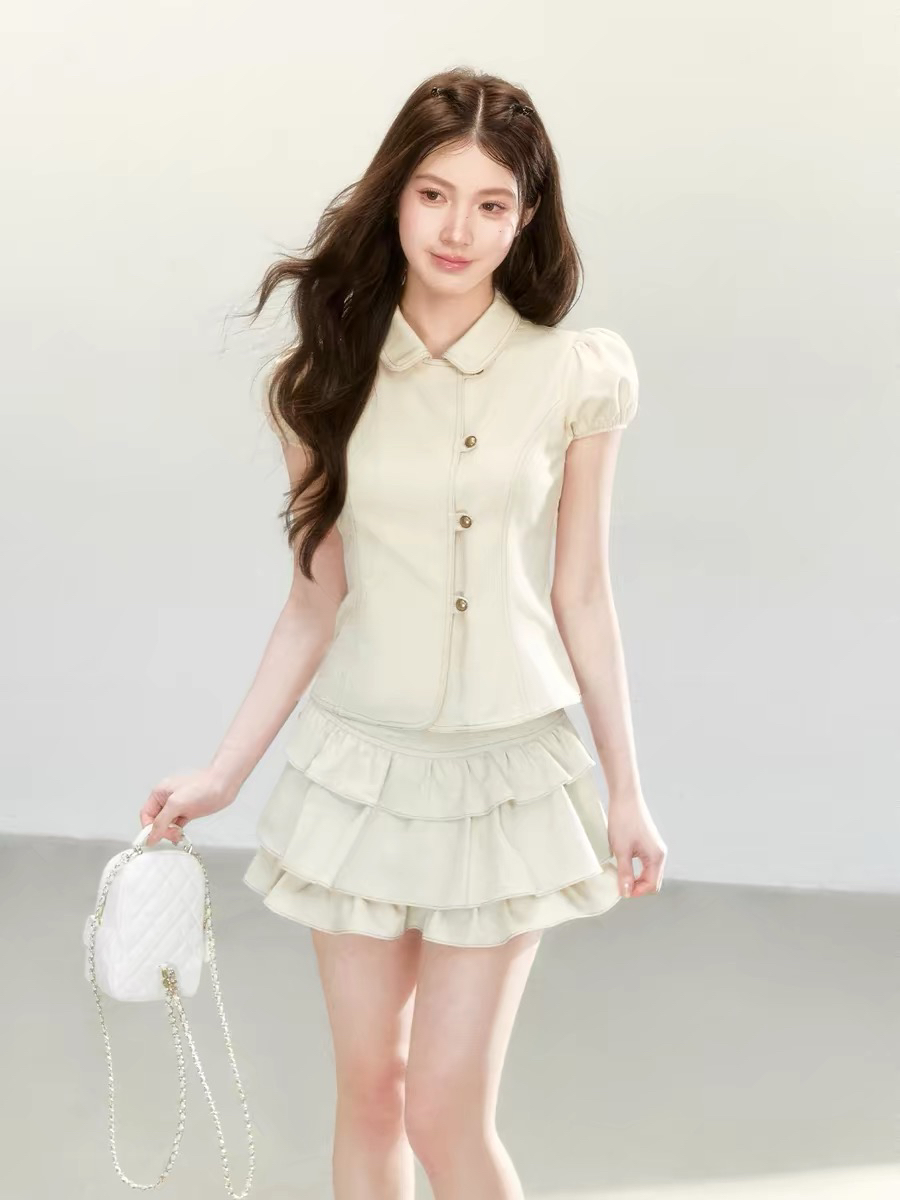 qdqd 달콤한 차가운 학원 스타일 세트 레트로 베이비 칼라 허리 수축 반팔 셔츠 소녀 센스 케이크 미니 스커트 여름
