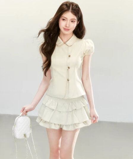 qdqd 달콤한 차가운 학원 스타일 세트 레트로 베이비 칼라 허리 수축 반팔 셔츠 소녀 센스 케이크 미니 스커트 여름