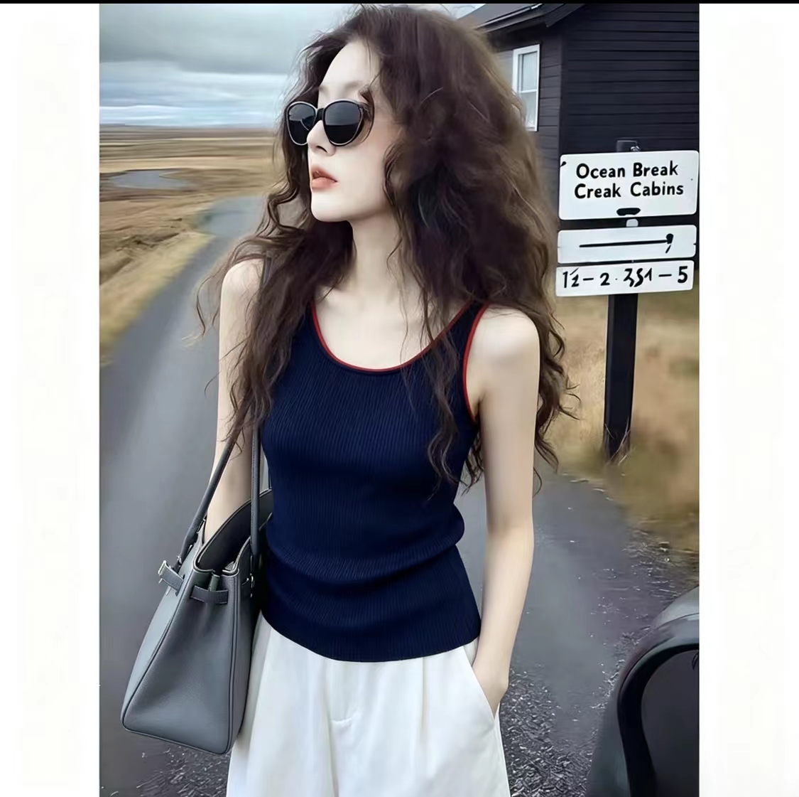 고유 한 작은 대중 배색 니트 캐미솔 여름 레트로 세련된 외출용 몸매 가꾸기 민소매 u 칼라 짧은 맨위