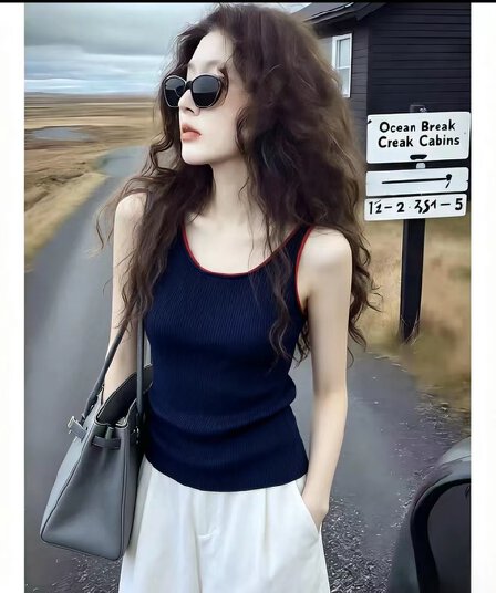 고유 한 작은 대중 배색 니트 캐미솔 여름 레트로 세련된 외출용 몸매 가꾸기 민소매 u 칼라 짧은 맨위