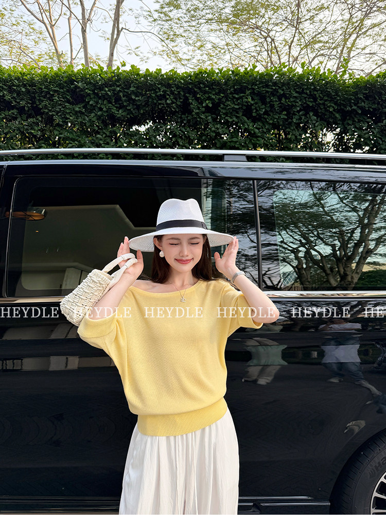 검은 콩 흠 우유 다우 시시 양 양모 혼합 배트윙 소매 니트 스웨터 보트넥 비스듬한 어깨 둘 착용 반팔 여성