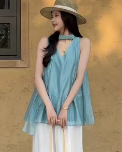 V넥 리본 파란색 민소매 여성 셔츠 2026 여름 새로운