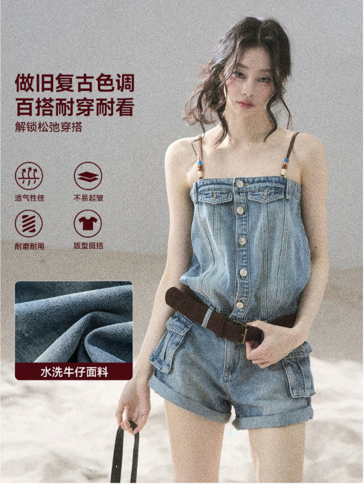 aomalm 덜 또한 눈 이동 해변가 걷기 아메리칸 데님 점프 슈트 여름 원피스 반바지 워크웨어 점프 슈트 바지