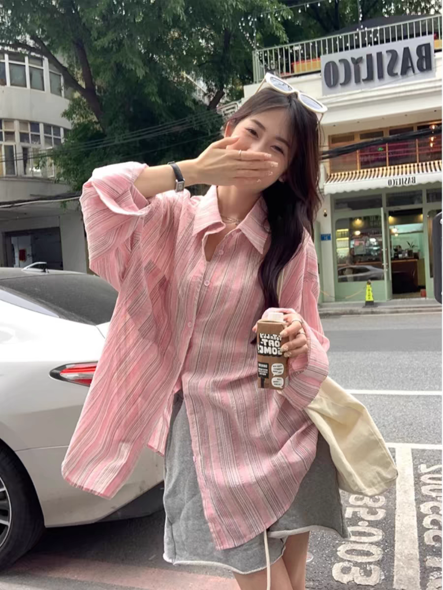 핑크색 스트라이프 자외선 차단 셔츠 여성 코트 봄 여름 얇은 스타일 긴팔 맨위 루즈핏 중간 길이 oversize 셔츠