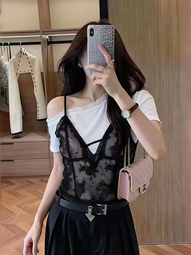 페이크 레이어드 비스듬한 칼라 품격 맨위 2026 년 여름 여성 의류 새로운 몸매 가꾸기 슬림해 보이는 작은 셔츠