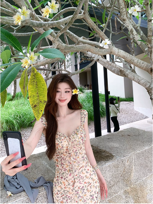 sya 크 사이 작은 웨스트 프랑스식 작은 꽃무늬 여성 드레스 여름 신축성 광장 칼라 허리 수축 길다 쇼트 스타일 슬립 드레스 머리카락 서클