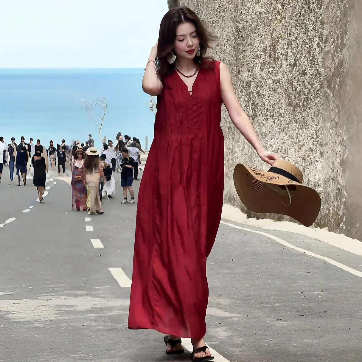 V넥 민소매 여성 드레스 여름 2026 새로운 롱 스커트