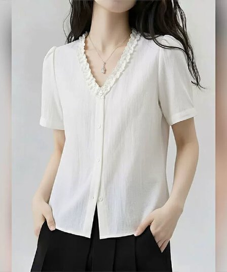 프랑스식 레이스 V넥 화이트 반팔 여성 셔츠 2026 여름 새로운 슈퍼 잘 생긴 연령 감소 작은 대중 Chic 맨위