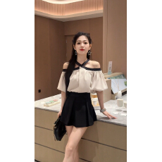 批发洋气甜美挂脖短袖衬衫女轻奢高级感2025新款爆款<b class='q'>夏季</b>露肩雪纺上衣