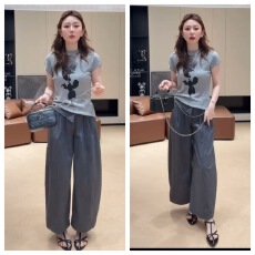 批发夏季薄款玫瑰印花针织修身显瘦短袖气质百搭上衣