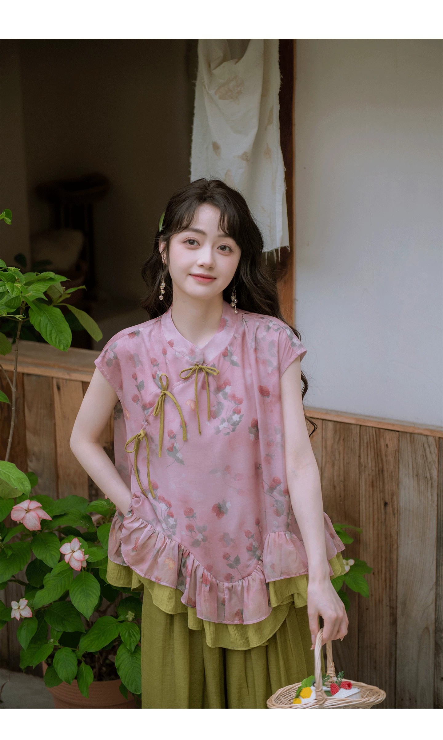 남쪽 바람 골짜기 와일드 라스베리 마음 국풍 딸기 프린트 맨위 여성 여름 이중층 프릴 큰 진자 루즈핏 작은 셔츠