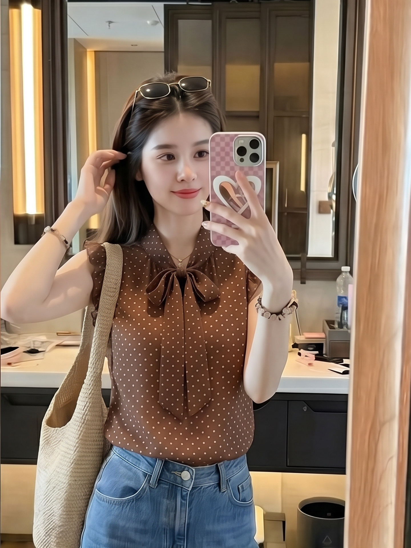 2026 여름 새로운 빅 사이즈 달콤함 소녀 바람 나비 매듭 도트 무늬 민소매 여성 셔츠 품격 고급 센스 맨위