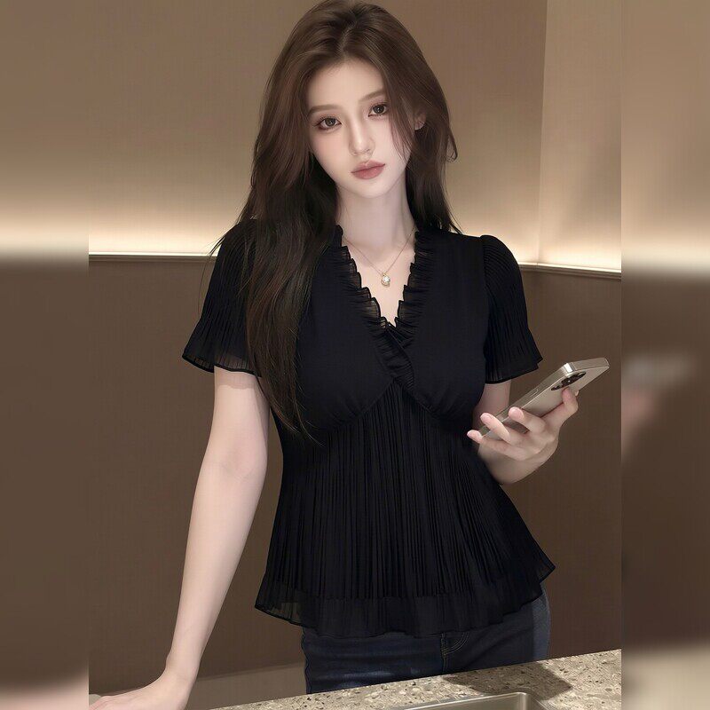 2026 여름 새로운 고급 센스 품격 맨위 통통한 여동생 고유 한 슬림해 보이는 검정색 셔츠
