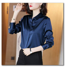 批发高级感<b class='q'>真丝</b>缎面衬衫<b class='q'>女</b>士时尚正肩小衫桑蚕丝长袖OL风职业轻熟衬衣