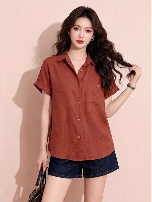 고급 센스 분위기 센스 아마 바람 폴로 칼라 반팔 셔츠 여름 느슨함 센스 루즈핏 디자인 센스 작은 대중 단추 맨위