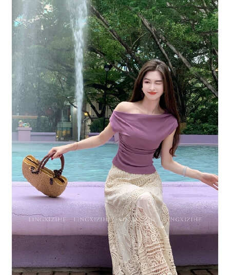 링 茜 거만한 와우 보라색 진술하다 棠 프랑스식 감기 보라색 리브 맨위 홀로우 아웃 레이스 반신 스커트 투피스 세트
