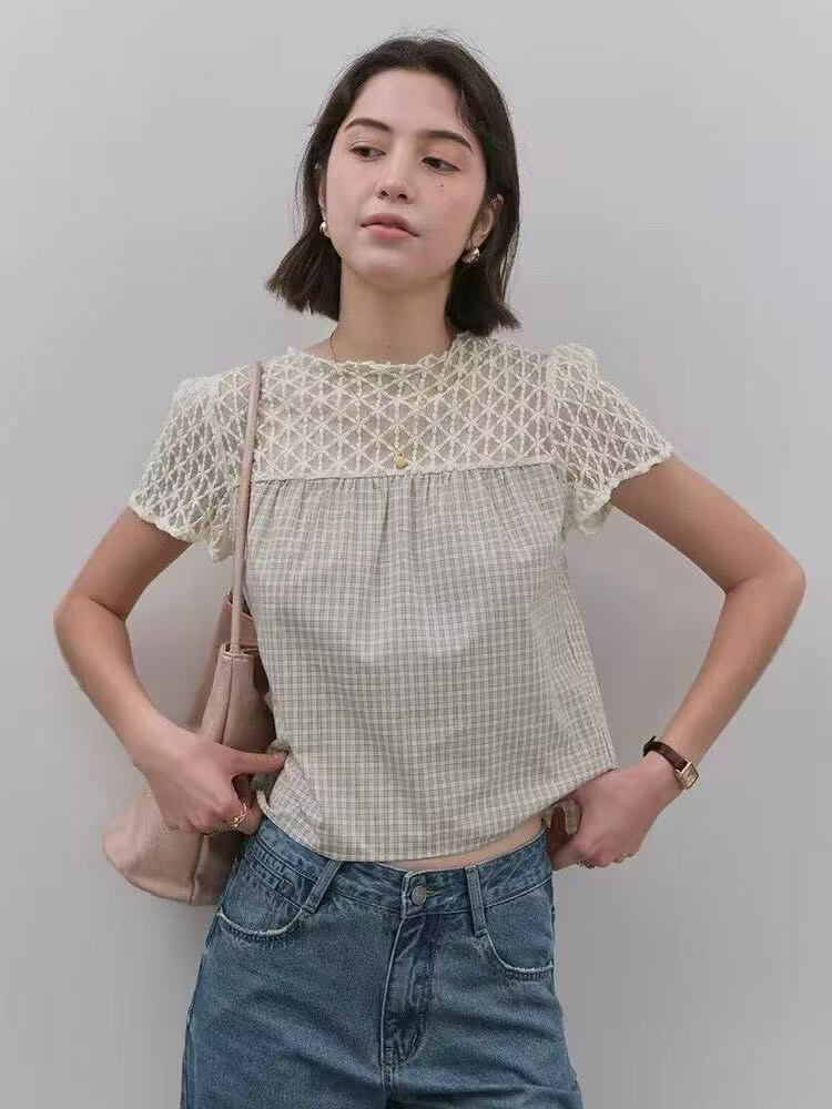 레이스 조각 체크무늬 홀로우 아웃 여성 셔츠 여름 새로운 품격 다용도 라운드 넥 맨위