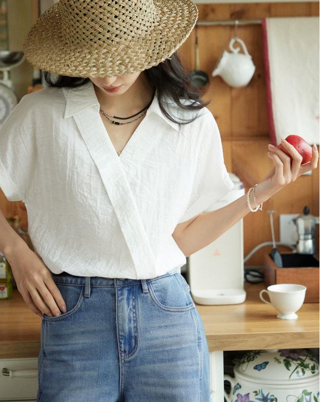 프랑스식 아마 혼방 V넥 반팔 여성 셔츠 여름