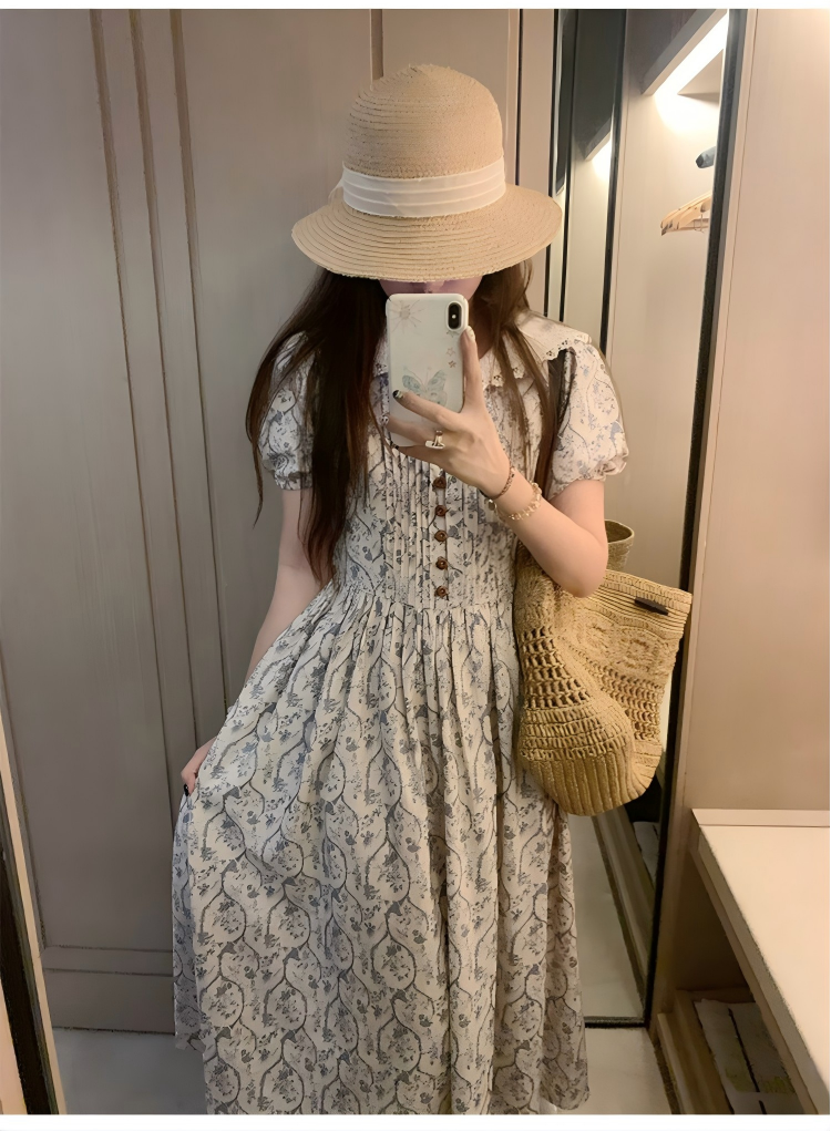 pinkmoon 안개 남쪽 아마 레트로 꽃무늬 폴로 칼라 슬림해 보이는 드레스 프랑스식 센스 롱 스커트