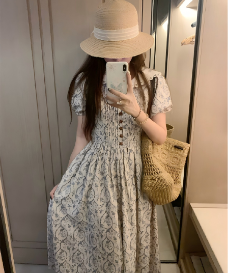 pinkmoon 안개 남쪽 아마 레트로 꽃무늬 폴로 칼라 슬림해 보이는 드레스 프랑스식 센스 롱 스커트