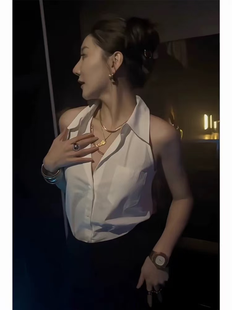 화이트 행침 목 민소매 여성 셔츠 여름 프랑스식 Chic 디자인 센스 작은 대중 고급 품격 폴로 칼라 쉬폰 톱