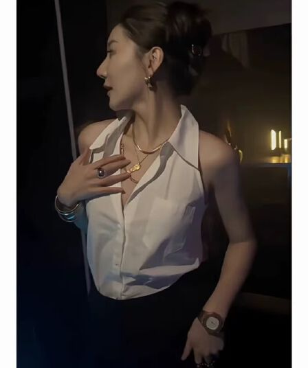 화이트 행침 목 민소매 여성 셔츠 여름 프랑스식 Chic 디자인 센스 작은 대중 고급 품격 폴로 칼라 쉬폰 톱