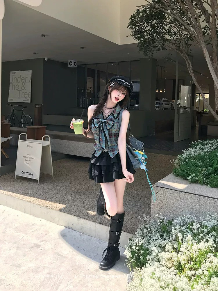 직물 돼지 fabricpig 녹색 잉크 달콤한 라스베리 달콤한 차가운 바람 체크무늬 맨위 투피스 슈트 여성 여름 민소매 셔츠