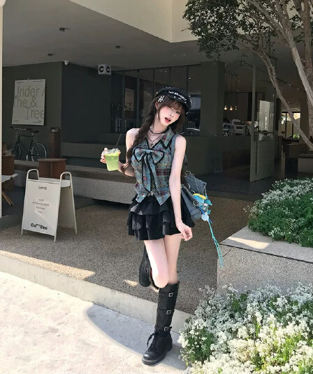 직물 돼지 fabricpig 녹색 잉크 달콤한 라스베리 달콤한 차가운 바람 체크무늬 맨위 투피스 슈트 여성 여름 민소매 셔츠