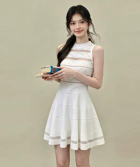 한 부서 레트로 그는 벤 바람 검정색 망사 홀로우 아웃 민소매 드레스 디자인 센스 꼬집기 허리 한 마디 작은 치마 26 여름