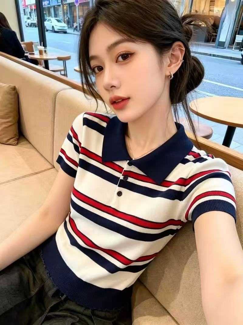 보존 섹션 추천 한 부서 레트로 배색 스트라이프 니트 스웨터 여성 여름 학원 스타일 패션 POLO 칼라 맨위