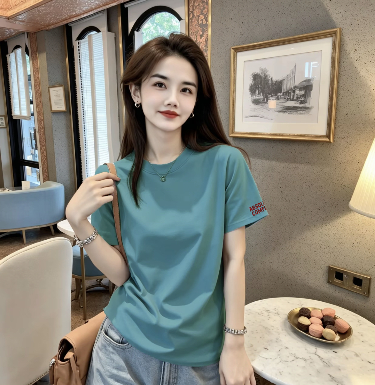 청화 백자 순면 정상 핏 스타일 패션 캐주얼 다용도 반팔 티셔츠 슬림해 보이는