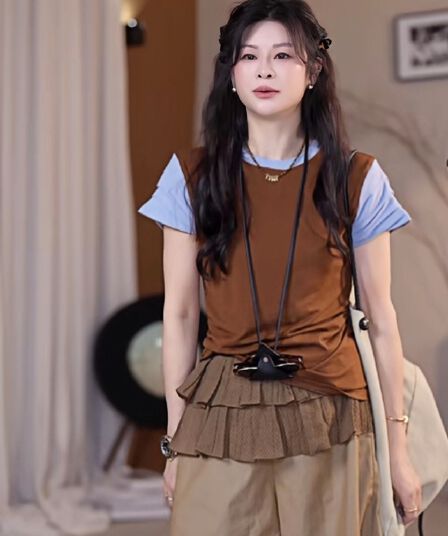 여름 새로운 한 부서 패치워크 품격 배색 디자인 라운드 넥 슬림해 보이는 표지 고기 티셔츠