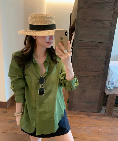 군용 녹색 라미 여성 셔츠 2026 여름 한국 스타일 루즈핏 품격 얇은 스타일 긴팔 자외선 차단 맨위