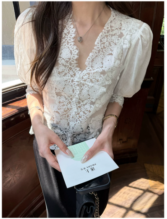 superniniyy 데이트 일기 100 라미 맞춤 패치워크 레이스 부드러운 거품 소매 셔츠 맨위
