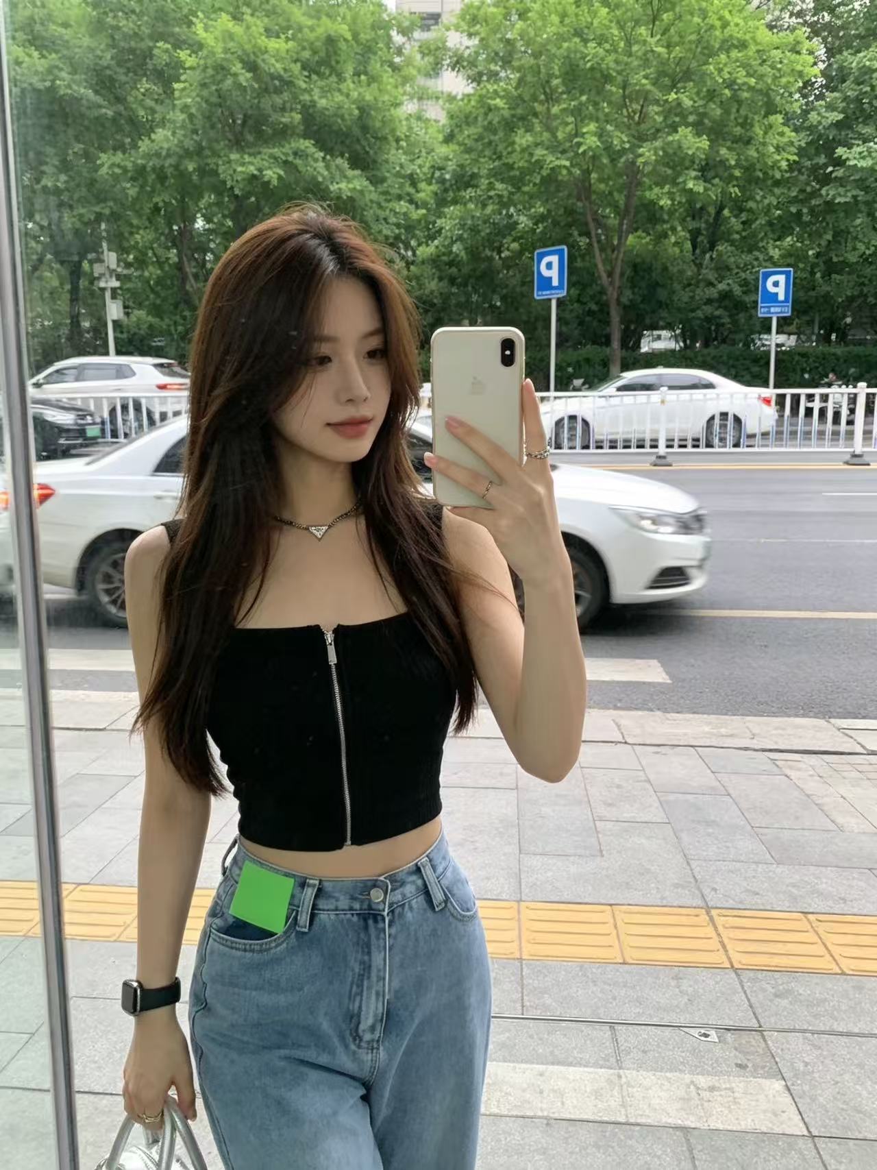 핫걸 슬립 단색 지퍼 조끼 외출용 여름 인사이드 가져 가라. 쇼트 스타일 프랑스식 순수한 욕망 섹시함 포장 가슴 맨위 여성 트렌디
