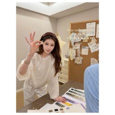 批发SourceWithU 阿圈日常私服 气质微透贝壳标上衣休闲韩女松弛衬衫