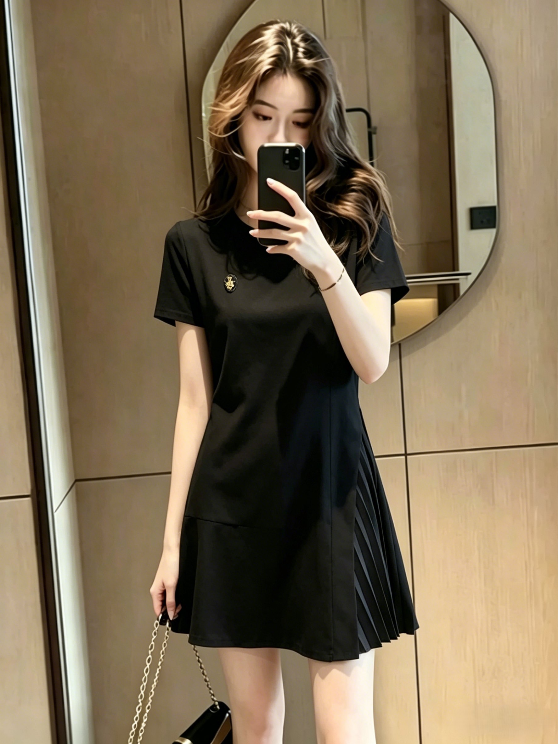 품격 출퇴근 바람 라운드 넥 작은 검은 드레스 여성 디자인 센스 작은 대중 패치워크 플리츠 페이크 레이어드 드레스
