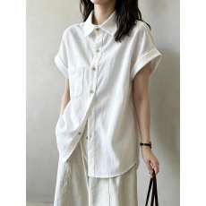 批发法式棉麻短袖<b class='q'>衬衫女</b>夏季宽松亚麻衬衣小个子休闲通勤Polo领上衣潮
