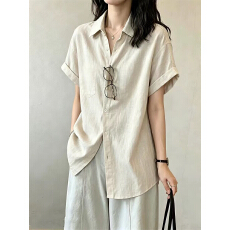 批发老钱风亚麻短袖<b class='q'>衬衫女</b>夏季设计感小众通勤宽松休闲衬衣气质上衣潮