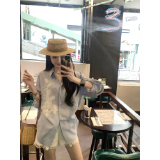 批发莱赛尔慵懒松弛感重工撞色蕾丝订珠绣片<b class='q'>衬衫</b>宽松落肩上衣