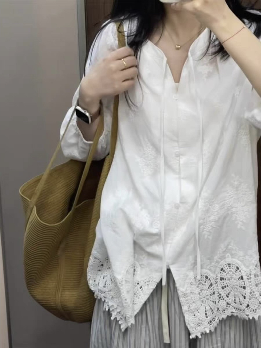 2026 한 부서 느긋한 바람 무거운 작업 자수 휴가 바람 작은 셔츠 여성 여름 슬림해 보이는 맨위 중간 소매 셔츠