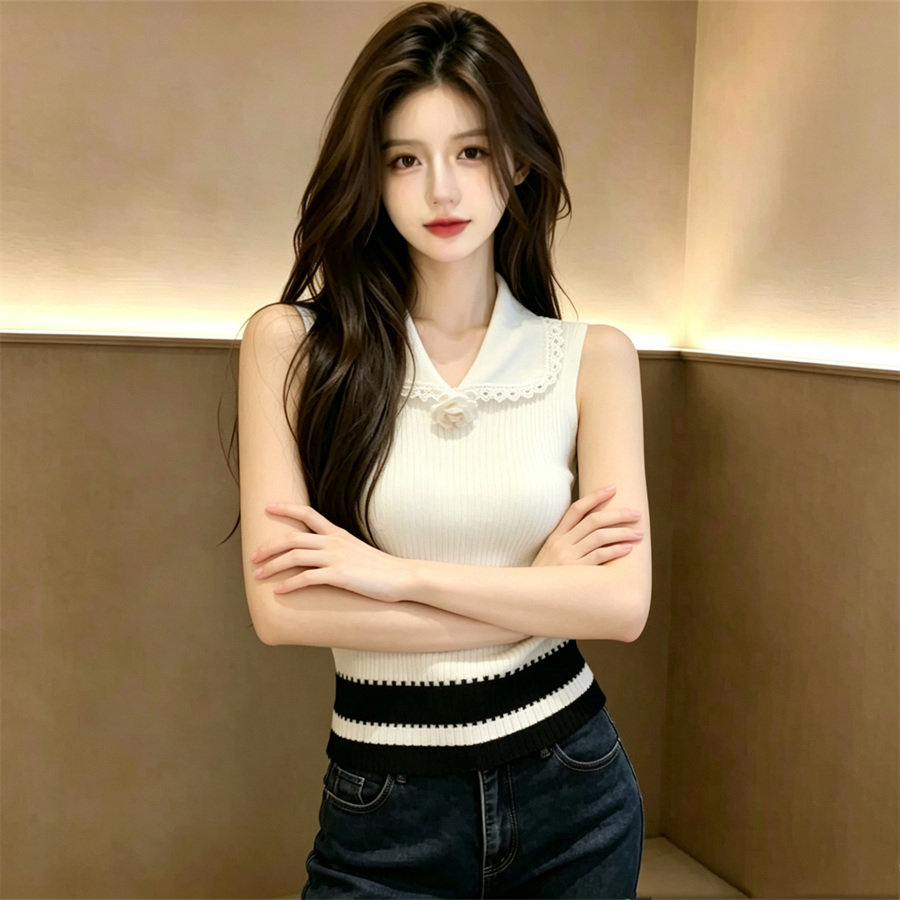 배색 3 차원 꽃 니트 조끼 여성 여름 새로운 디자인 센스 품격 민소매 맨위