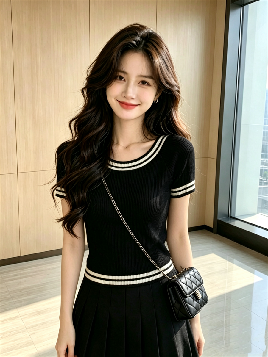 한 부서 우아함 아름다운 검정색 스트라이프 니트 반팔 티셔츠 여성 여름 새로운 미니멀리즘 슬림해 보이는 맨위