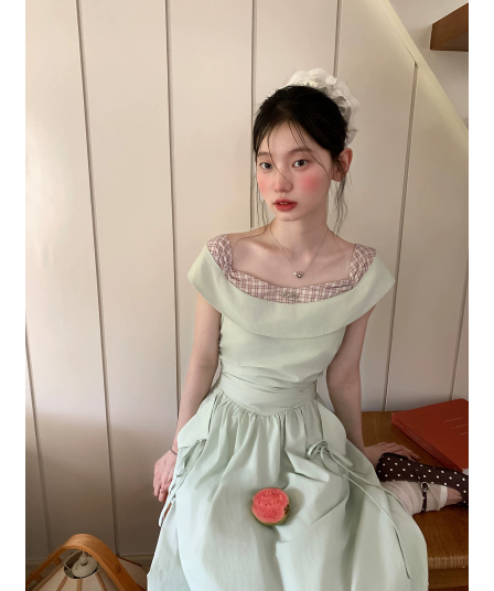 다우 시시 주간 녹색 레몬 여름 머리말 레트로 소녀 폴로 칼라 패치워크 허리 수축 롱 스커트 여름 허리 측면 펌프 로프 드레스